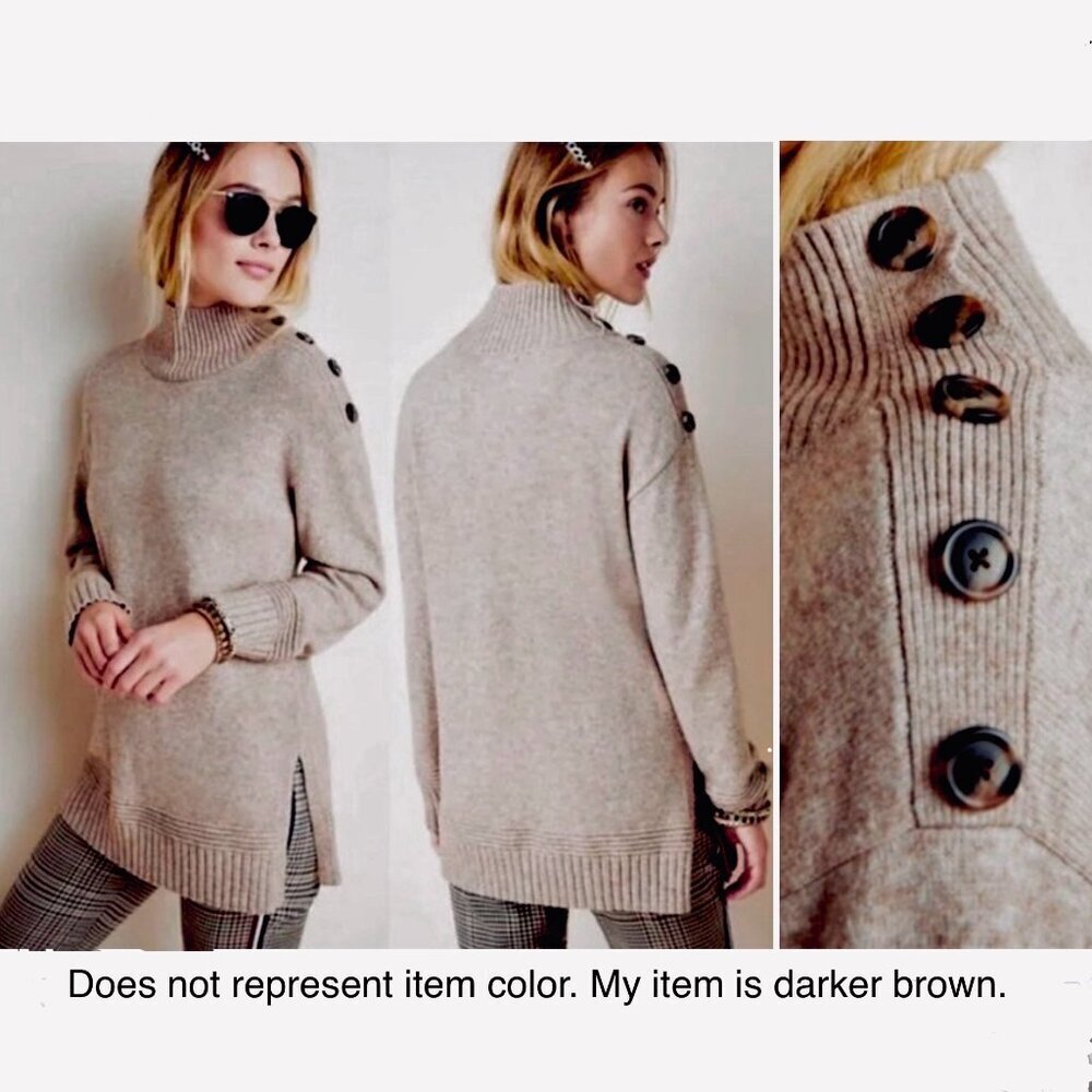 Anthropologie Margarita Button Accent Brown Turtleneck Tunic Knit Sweater Sz S